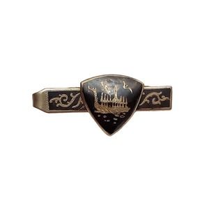 Rare MCM Sterling Silver Niello Black Enamel Siam Asian Boat Mens Tie Clip